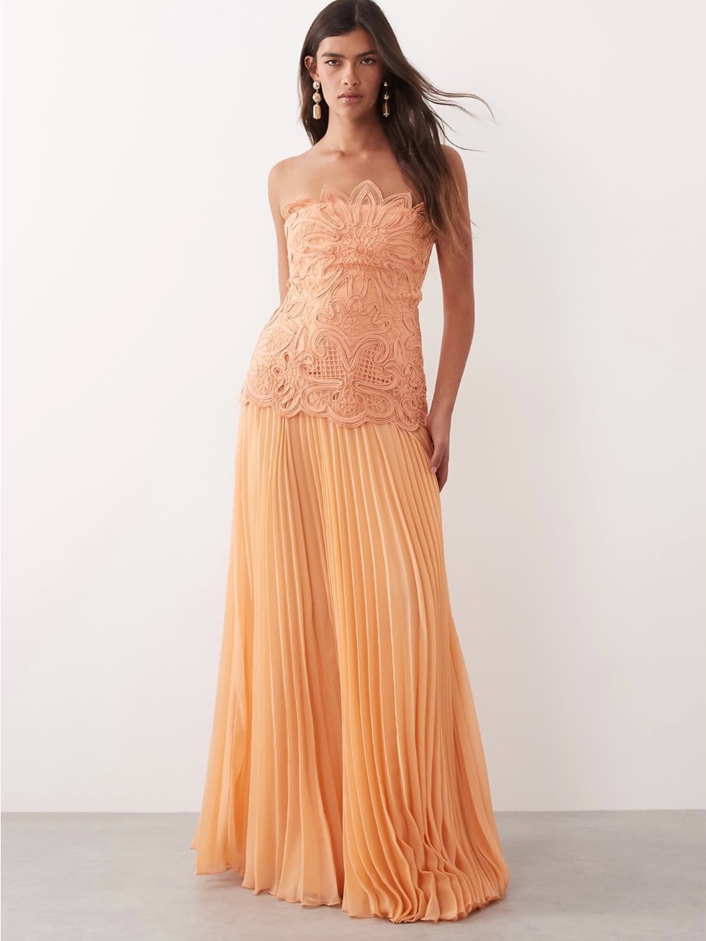 ARRANGE ASOS Peach Strapless Lace Bodice Pleated Maxi Dress